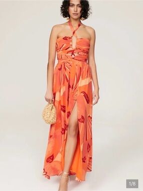 Ronny Kobo Collection Orange Tropical Halter Maxi Dress